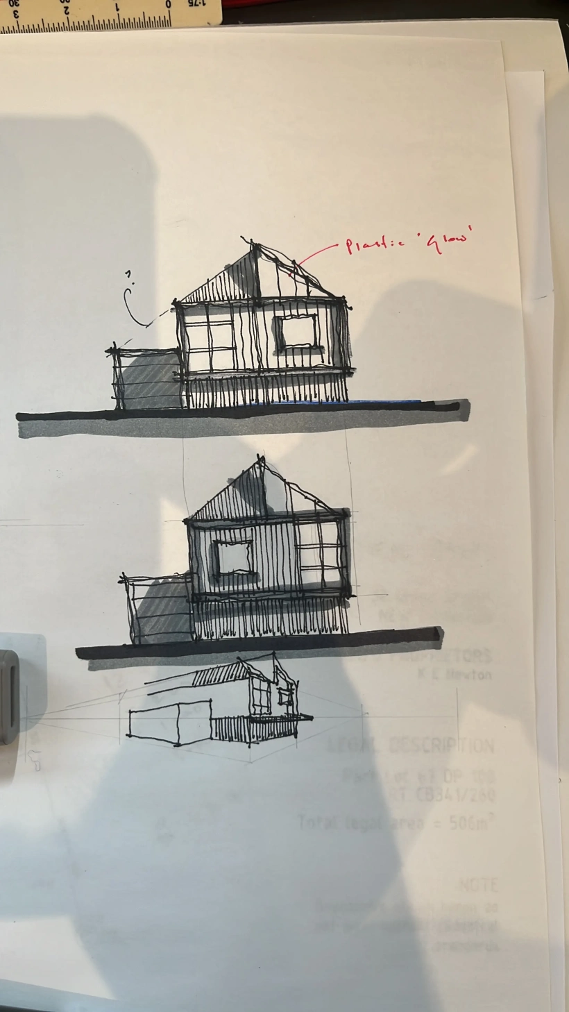 Hand sketch of elevation by Don Roy of Site Architecture, Christchurch.