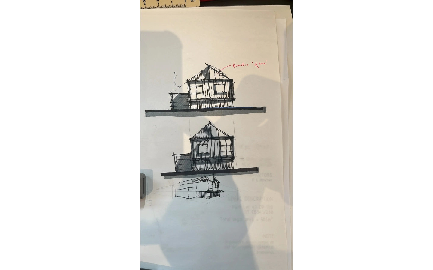 Hand sketch of elevation by Don Roy of Site Architecture, Christchurch.