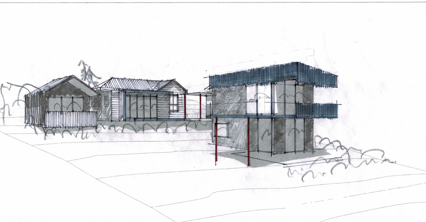 architectural sketch, shag point bach, east otago. Designed by Site Architecture.